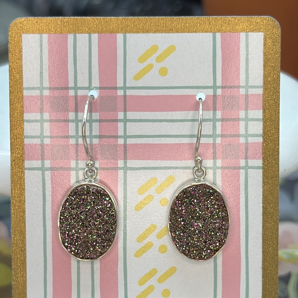 ⭐️Starborn Sterling silver druzy dangle earrings pink green glitter